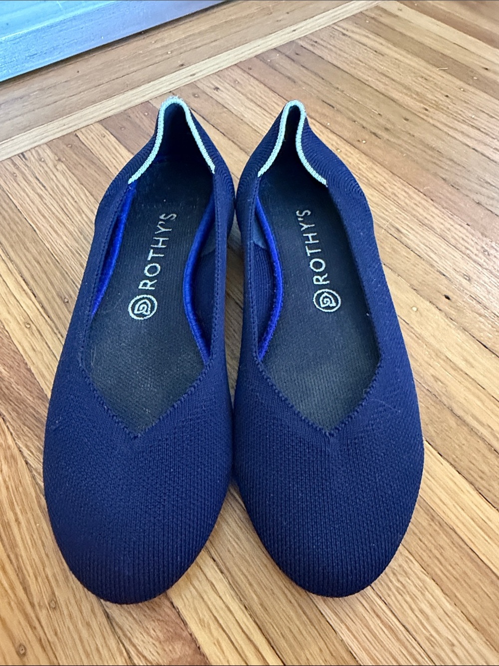 Rothy's Navy Knit Slip-On Flats with Cream Trim